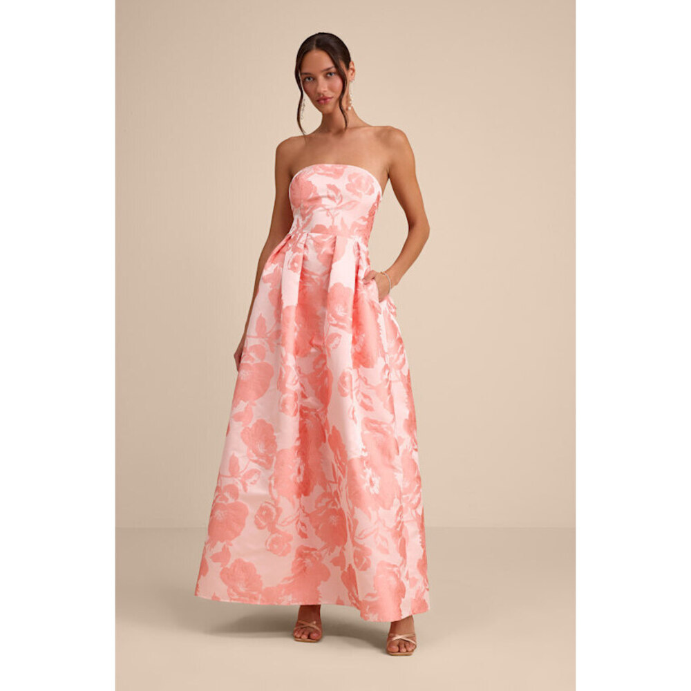 Lulus Laurelin Blush Floral Jacquard Pleated Strapless Maxi Dress Pink - Size M